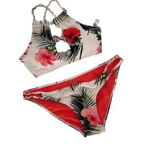 Coral Tropics Womens Floral Keyhole Halter Two Piece Bikini Set Multicolor Mediu
